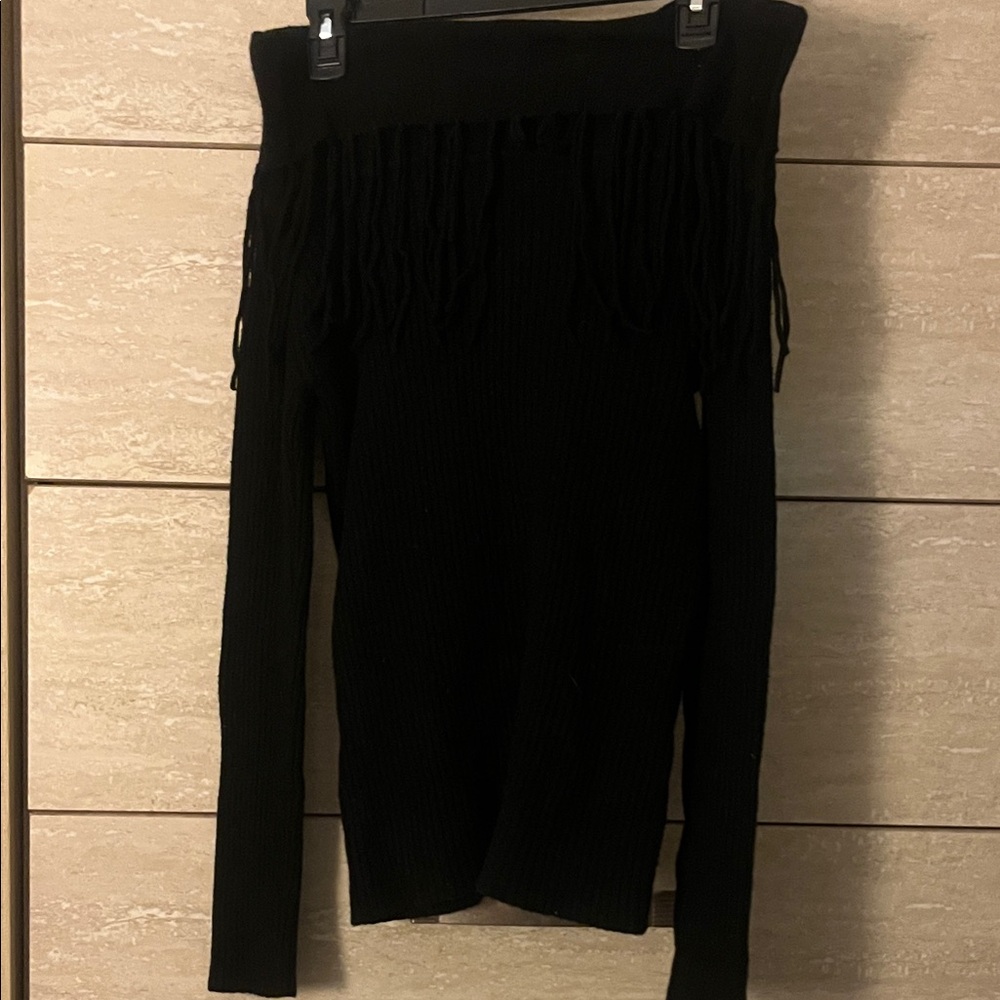 Lovestitch Black Off-Shoulder Sweater with Fringe